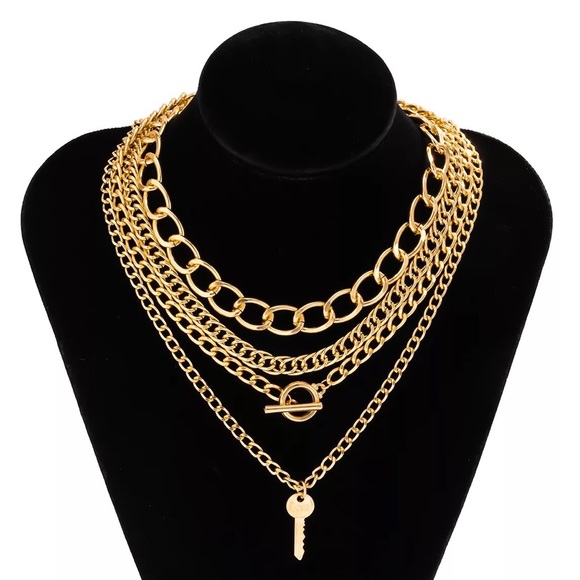 🆕 Gold Chain Abstract Key Layered Necklace Set - Picture 4 of 4